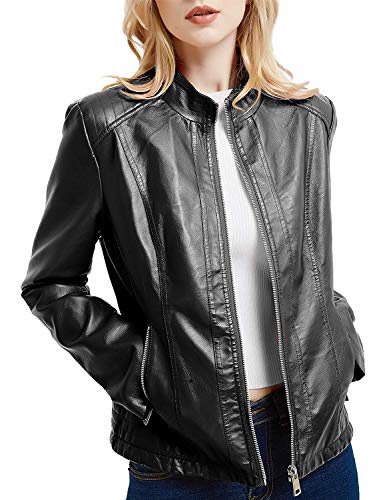 BELLIVERA Chaqueta de Cuero PU para Mujer(3 Colores), Chaqueta con Bolsillos con Cremallera, Chaqueta Corta para el Otoño, Primavera, Negro, XL