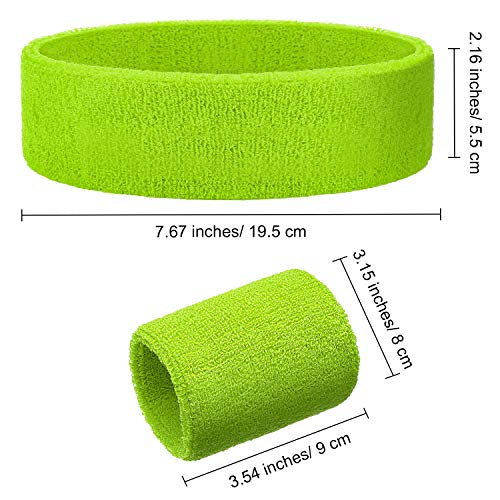 Bememo Juego de Muñequeras, Incluye Diadema Deportiva y Muñequera de Pulsera de Algodón Colorida Banda de Sudor para Hombres y Mujeres (Verde Neón, 6 Piezas)