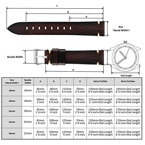 Berfine Correa de reloj retro hecha a mano, de liberación rápida, correa de reloj de cuero vintage, a elección de ancho: 18 mm, 20 mm, 22 mm, 24 mm o 26 mm, 20mm, Cuero Acero inoxidable,
