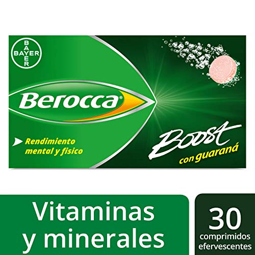 Berocca Boost Complejo de Vitaminas y Minerales con Cafeína y Guaraná Natural, para una Ayuda Rápida en el Rendimiento Mental y Físico, 30 Comprimidos Efervescentes