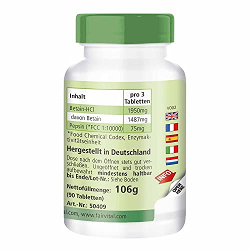 Betaína con Pepsina - Dosis elevada - 90 Comprimidos - Calidad Alemana