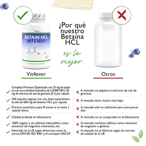 Betaína HCL - 240 cápsulas con 695 mg - Premium: Con pepsina y genciana amarga - Enzimas digestivas de amplio espectro - Alta dosis - Vegano