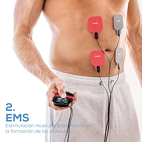 Beurer EM 59 Electroestimulador digital con función calor, tens, ems y masaje, 2 canales, función calor, 4 electrodos, con pads de gel, intensidad regulable, temporizador, color negro rojo