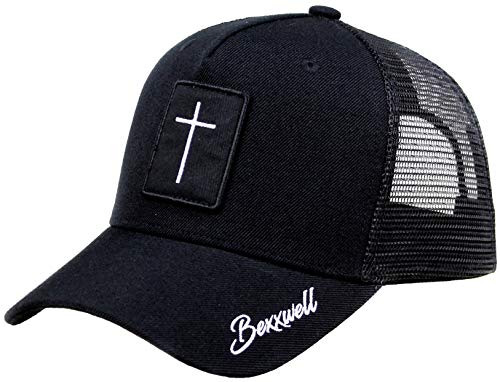 Bexxwell Gorra negra con parche en cruz (ajuste óptimo, gorra, negro, Truckercap, Cross, Gorra, unisex)