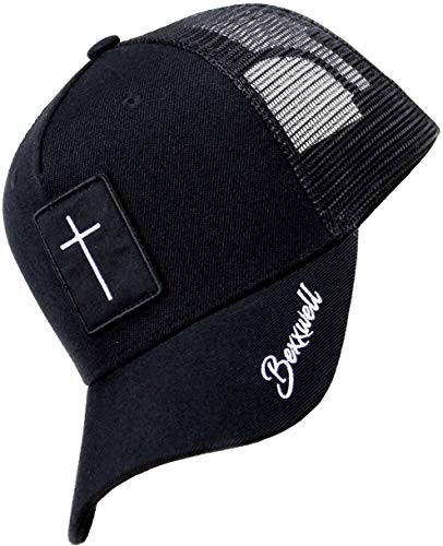 Bexxwell Gorra negra con parche en cruz (ajuste óptimo, gorra, negro, Truckercap, Cross, Gorra, unisex)