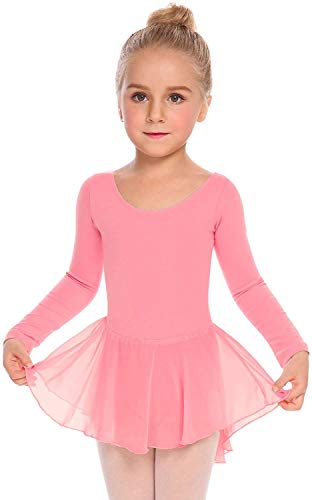 Beyove Vestido de ballet para niña, espalda descubierta, de algodón, manga larga, maillot de ballet para niños, vestido de danza con falda tutú
