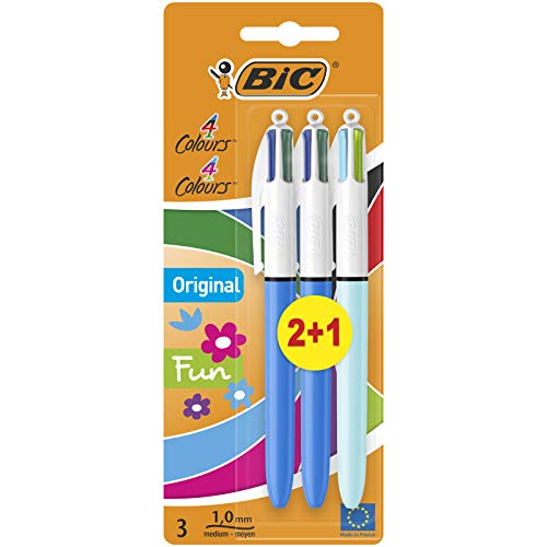 BIC 4 colores Original y BIC 4 colores Fun bolígrafos Retráctiles punta media (1,0 mm) – colores Surtidos, Blíster de 2+1