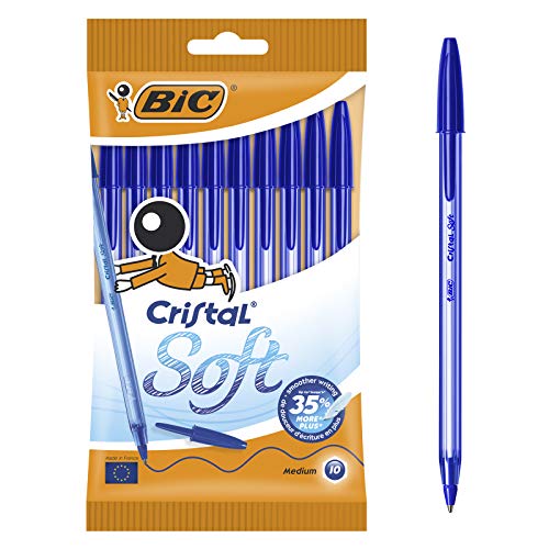 BIC Cristal Bolígrafos, Soft, Azul, Óptimo para material escolar,Punta Media (1,2mm), Material Oficina y Papelaria, Blíster de 10 Bolis