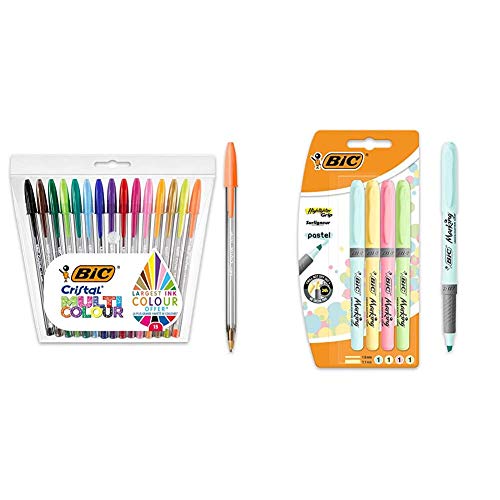 BIC Cristal Multicolour - Pack de 15 unidades, bolígrafos de punta ancha (1,6 mm), surtidos + Pastel, Highlighter Grip, Marcadores Punta Ajustable, Multicolor