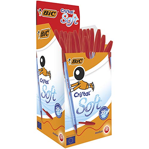 BIC Cristal Soft bolígrafos punta media (1,2 mm) - Rojo, Caja de 50 unidades