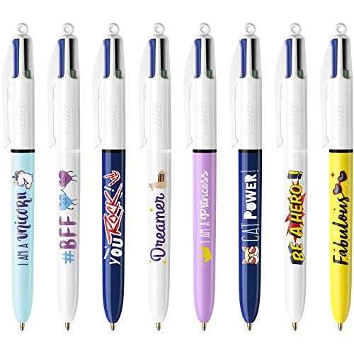 BIC Message Box - Bolígrafos BIC 4 Colores de Punta Media (1.0 mm) - Varios Mensajes, Caja Metálica de Regalo con 8 Bolis.