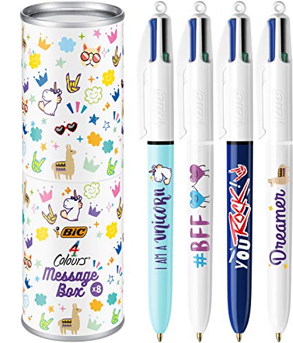 BIC Message Box - Bolígrafos BIC 4 Colores de Punta Media (1.0 mm) - Varios Mensajes, Caja Metálica de Regalo con 8 Bolis.