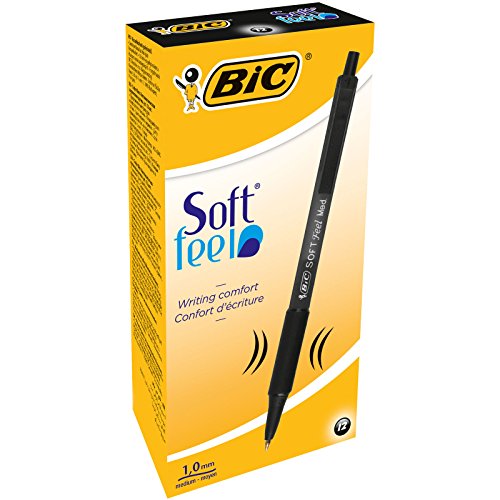 Bic Soft Feel Clic Grip - Bolígrafo de bola retráctil negro (trazo de 1 mm, 12 unidades)