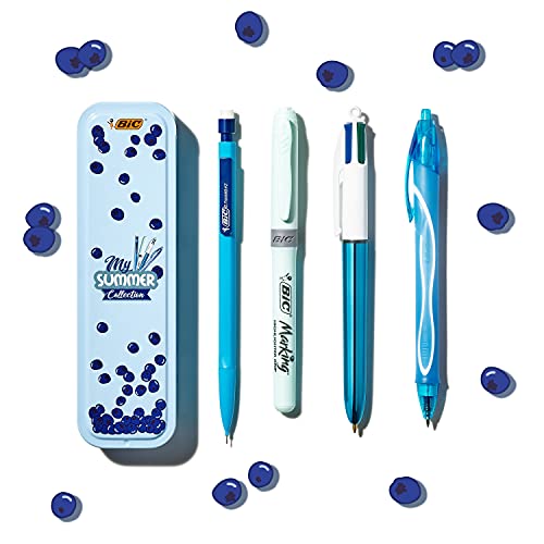 BIC Summer Blue Box: bolígrafo de gel (0,7 mm), portaminas, bolígrafo de 4 colores (1,00 mm), subrayador, azul, juego de 4 unidades