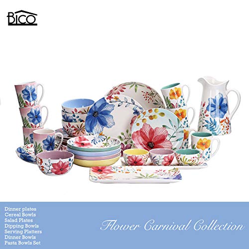 Bico Flower Carnival - Juego de cuencos de cerámica para salsa, nachos, aperitivos, microondas y lavavajillas (255 ml con plato de 35,56 cm)