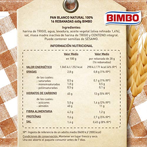 Bimbo - Natural 100% Pan sin Corteza 450g, 16 Rebanadas