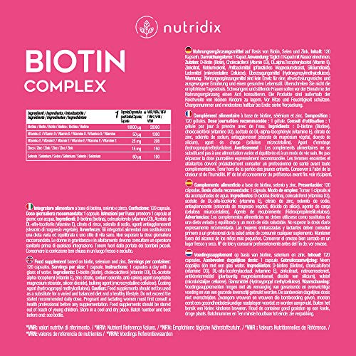 Biotina 10.000 mcg por dosis - Crecimiento del Cabello y Mantenimiento de Uñas - Biotina con Zinc, Selenio, Vitaminas D y E - 120 cápsulas Nutridix