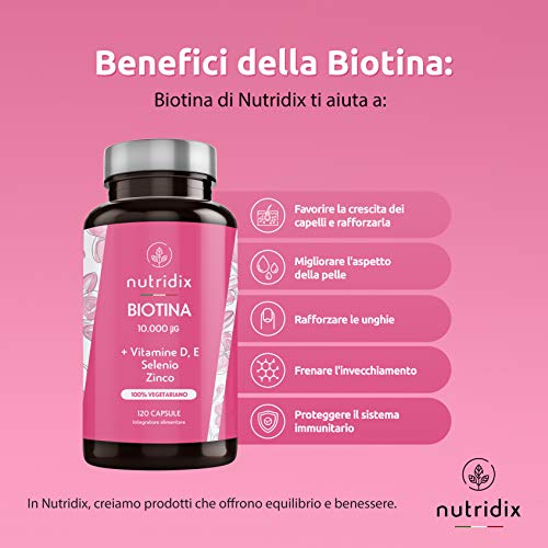 Biotina 10.000 mcg por dosis - Crecimiento del Cabello y Mantenimiento de Uñas - Biotina con Zinc, Selenio, Vitaminas D y E - 120 cápsulas Nutridix