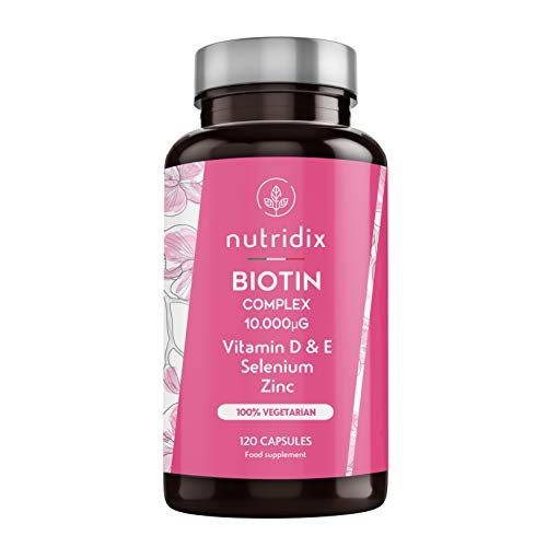 Biotina 10.000 mcg por dosis - Crecimiento del Cabello y Mantenimiento de Uñas - Biotina con Zinc, Selenio, Vitaminas D y E - 120 cápsulas Nutridix