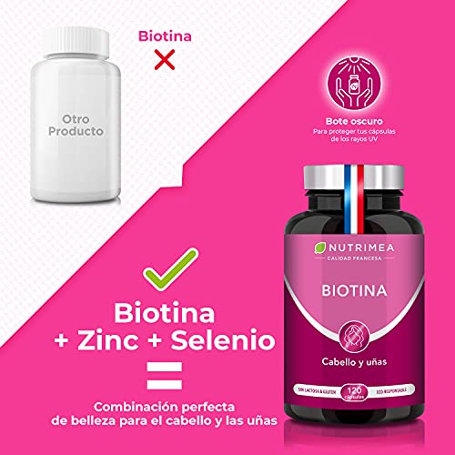 Biotina Zinc Selenio Semillas de Calabaza | Crecimiento y Fortalecimiento del Cabello y Uñas | Para 4 Meses 120 Cápsulas | Anticaída Pelo Hombre y Mujer | Fabricado en Francia Nutrimea