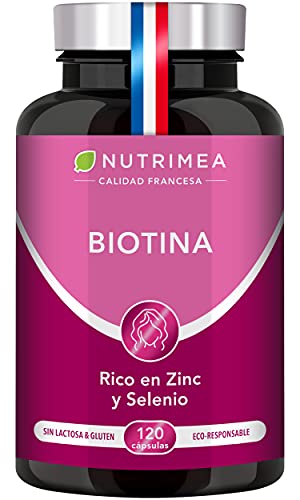 Biotina Zinc Selenio Semillas de Calabaza | Crecimiento y Fortalecimiento del Cabello y Uñas | Para 4 Meses 120 Cápsulas | Anticaída Pelo Hombre y Mujer | Fabricado en Francia Nutrimea