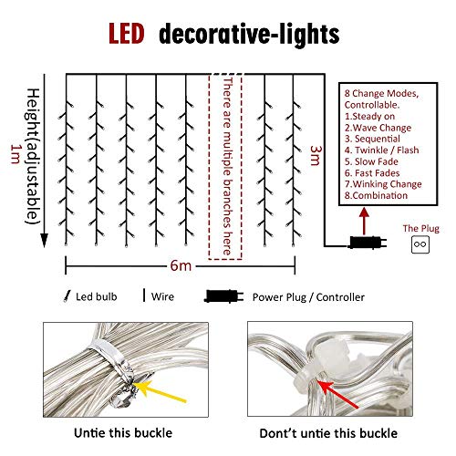 BLOOMWIN Guirnaldas Cortina de Luces 256 LED 6m * 1m 6V Bajo Voltaje con 8 modos Luces de Navidad Cadena Hadas Interior Exterior para Navidad,Boda, Fiesta,Jardín,Ventana, Pared,Balcón