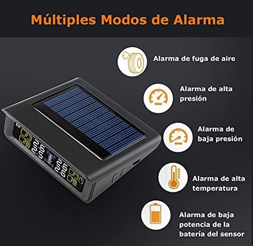 Blueskysea Sistema de Control de Presión de Neumáticos para Coche, TPMS Herramienta Inalámbrica de Presión de Neumáticos con LCD Pnatalla Grande + 4 Sensores Externos de Energía Solar (T86BB-WF)