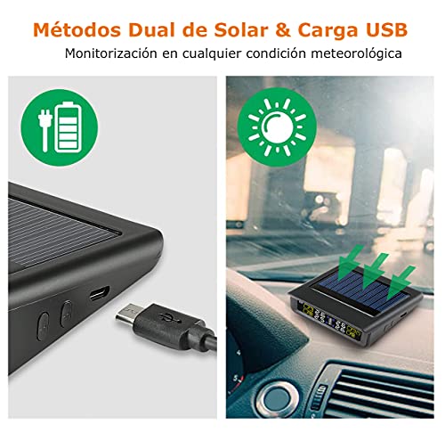 Blueskysea Sistema de Control de Presión de Neumáticos para Coche, TPMS Herramienta Inalámbrica de Presión de Neumáticos con LCD Pnatalla Grande + 4 Sensores Externos de Energía Solar (T86BB-WF)