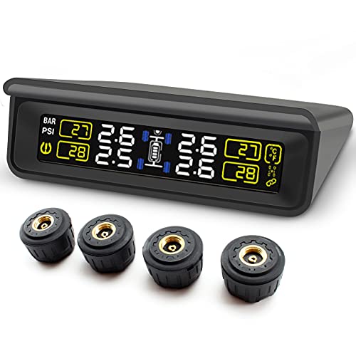 Blueskysea Sistema de Control de Presión de Neumáticos para Coche, TPMS Herramienta Inalámbrica de Presión de Neumáticos con LCD Pnatalla Grande + 4 Sensores Externos de Energía Solar (T86BB-WF)