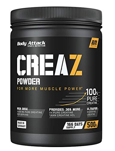 Body Attack CREAZ Powder - 1 kg - 333 porciones, creatina en polvo 100% más pura - vegana, halal, microfina y en dosis alta para un mayor rendimiento y desarrollo muscular - Hecho en Alemania (500g)
