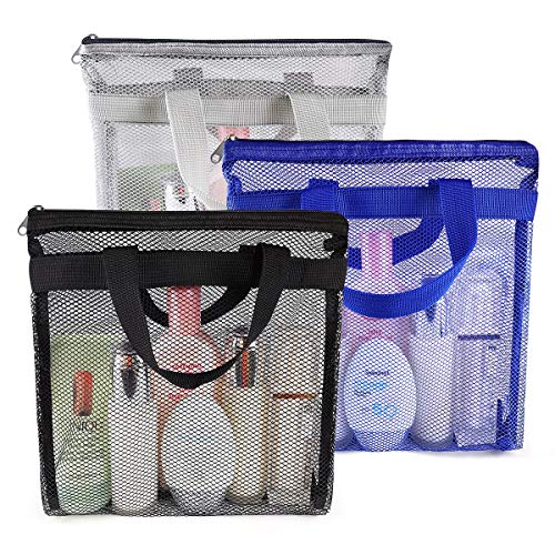 Bolsa de malla portátil para ducha, bolsa de malla de secado rápido, bolsa de playa para mujeres, para colgar artículos de aseo y organizador de baño para viajes, natación (Negro, azul, gris)