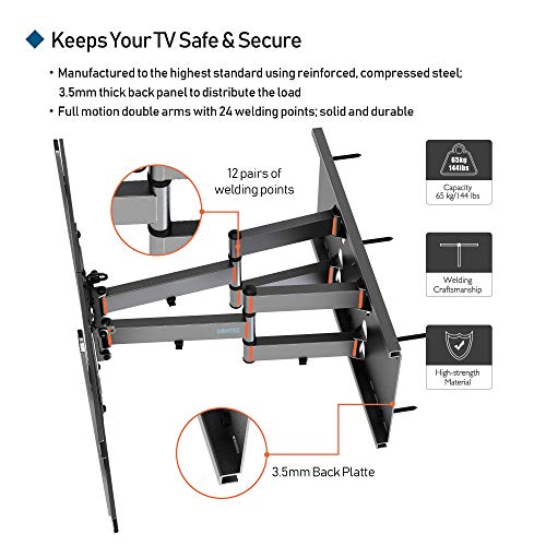 BONTEC Soporte Pared TV Inclinación y Giro para Televisores de 37" a 80" LCD/LED Movimiento Comlpeto Brazo Doble Ultra Fuerte Carga Máx. 65 kg Máx VESA 600x400