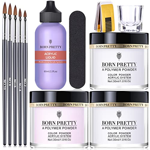 BORN PRETTY Polvos Acrílicos para Uñas Set Colección, 90ml Acrilico uñas Polvo Color blanco rosa claro y Liquido Acrilico para Uñas 60ml Acrilico Para Uñas Kit con pincel acrílico de 5 piezas