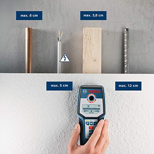 Bosch Professional Detector de Pared GMS 120, Marcador de Agujeros, Detección En Madera/Metal Magnético/Metal No Magnético/Cables con Tensión 38/120/80/50 mm, Amazon Exclusive Set