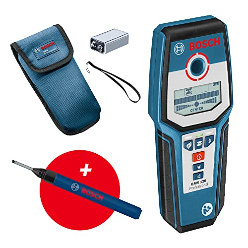 Bosch Professional Detector de Pared GMS 120, Marcador de Agujeros, Detección En Madera/Metal Magnético/Metal No Magnético/Cables con Tensión 38/120/80/50 mm, Amazon Exclusive Set