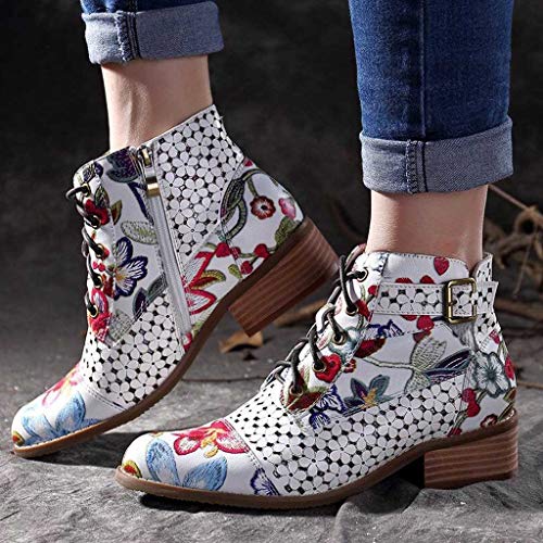 Botas Retro de Mujer Bohemia Botines de Cuero Impresión Botas de Moto Vintage Zapatos con Cordones Puntiagudos Mujeres 2019 Nuevo(Blanco,39)