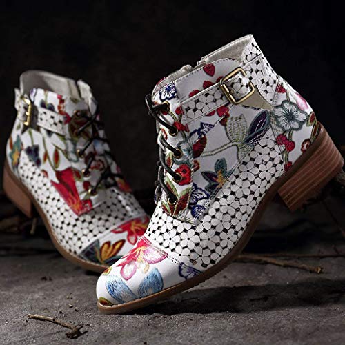 Botas Retro de Mujer Bohemia Botines de Cuero Impresión Botas de Moto Vintage Zapatos con Cordones Puntiagudos Mujeres 2019 Nuevo(Blanco,39)