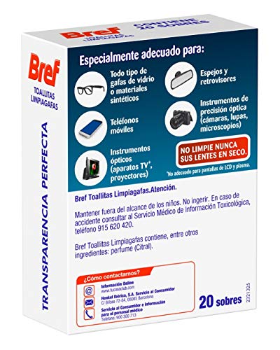 Bref Toallitas Limpiadoras para Gafas, Smartphones, Cámaras, Espejos y otros Dispositivos y Superficies 20 Unidades