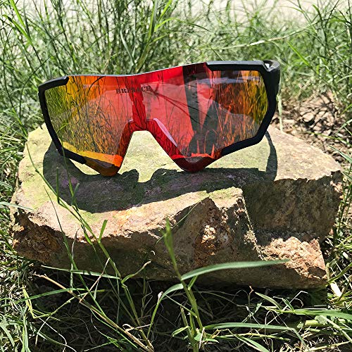 BRZSACR Gafas de Sol Deportivas polarizadas Protección UV400 Gafas de Ciclismo con 3 Lentes Intercambiables para Ciclismo, béisbol, Pesca, esquí, Funcionamiento (Negro rojo)