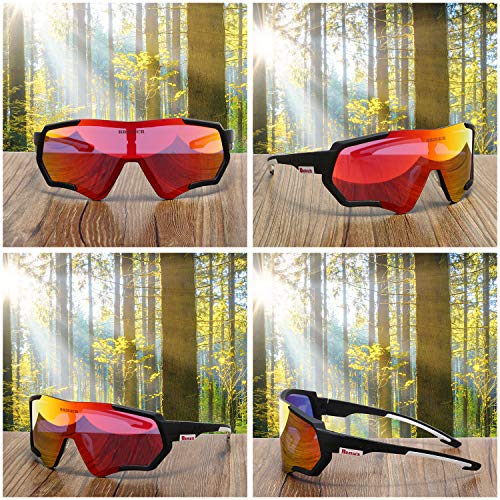 BRZSACR Gafas de Sol Deportivas polarizadas Protección UV400 Gafas de Ciclismo con 3 Lentes Intercambiables para Ciclismo, béisbol, Pesca, esquí, Funcionamiento (Negro rojo)