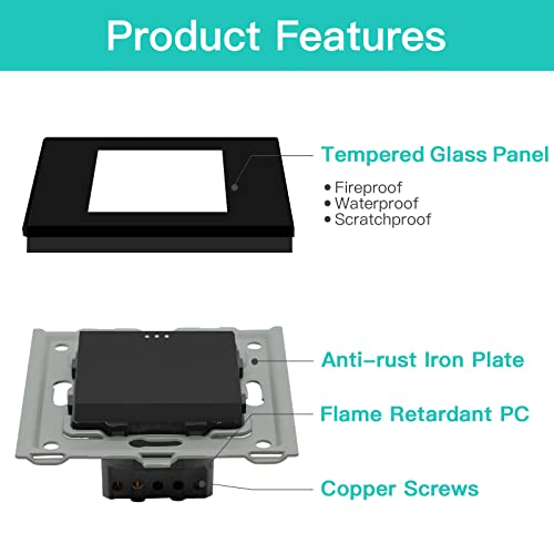 BSEED Interruptor de luz 1 Gang 2 Vías,Interruptor conmutador con marco de cristal,10 Amp Negro Interruptor de luz de botón pulsador,Interruptor de palanca 86mm