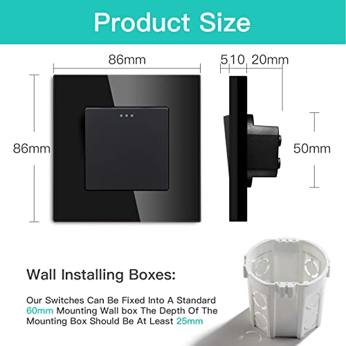 BSEED Interruptor de luz 1 Gang 2 Vías,Interruptor conmutador con marco de cristal,10 Amp Negro Interruptor de luz de botón pulsador,Interruptor de palanca 86mm