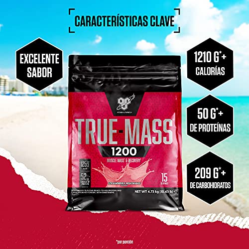 BSN True Mass 1200, Proteínas de la Leche y Carbohidratos para Aumentar Masa Muscular, Batido de Fresa, 15 Porciones, 4.73 kg