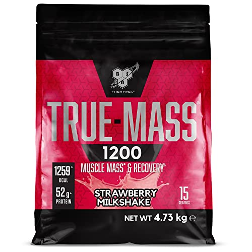 BSN True Mass 1200, Proteínas de la Leche y Carbohidratos para Aumentar Masa Muscular, Batido de Fresa, 15 Porciones, 4.73 kg