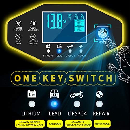 BUDDYGO C990 Cargador de Batería Coche Moto, 6A 12V/24V Bateria Cargador Inteligente Mantenimiento de Batería con LCD y Múltiples Protecciones para Coche Moto, Batería Plomo y Litio