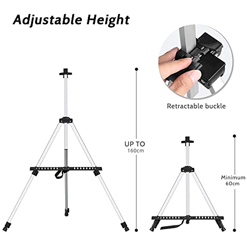 Caballete de Pintura, Caballete Trípode de Aluminio, Altura Ajustable da 60 a 162 cm, Estable y Liviano, Caballete de Campo Plegable con Bolsa de Transporte, Multifuncional para Pintar, Póster (Plata)