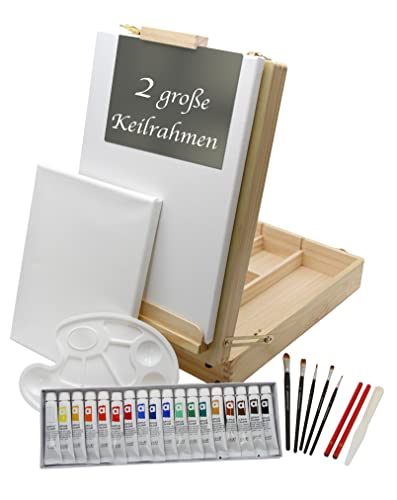 Caballete para mesa XL + Juego de pintura «Riva» de 30 piezas con pinturas acrílicas, pinceles y 2 lienzos, versión grande para cuadros de hasta 70 cm, maletín con compartimentos y caballete incorporado