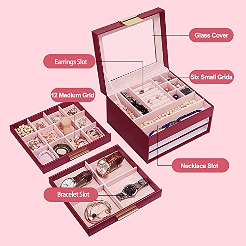 Caja Joyero 3 niveles de joyería organizador caja de cuero PU Caja de viaje portátil Capacidad de gran capacidad Recipientes de artesanía para anillos, collares, pendientes, pulseras Portátil Joyero V