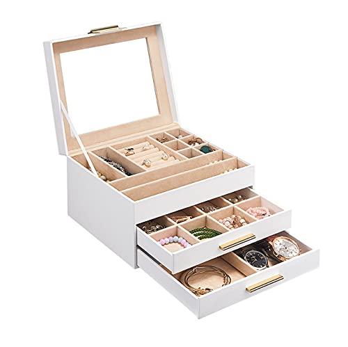 Caja Joyero 3 niveles de joyería organizador caja de cuero PU Caja de viaje portátil Capacidad de gran capacidad Recipientes de artesanía para anillos, collares, pendientes, pulseras Portátil Joyero V