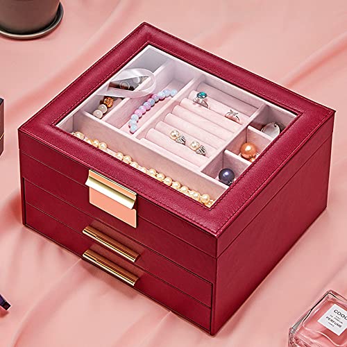 Caja Joyero 3 niveles de joyería organizador caja de cuero PU Caja de viaje portátil Capacidad de gran capacidad Recipientes de artesanía para anillos, collares, pendientes, pulseras Portátil Joyero V